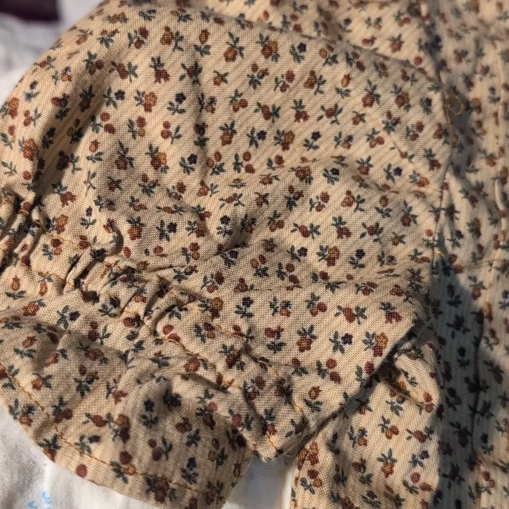 Vintage Girls Tan Brown Floral Print Prairie‎ Dress Ruffles